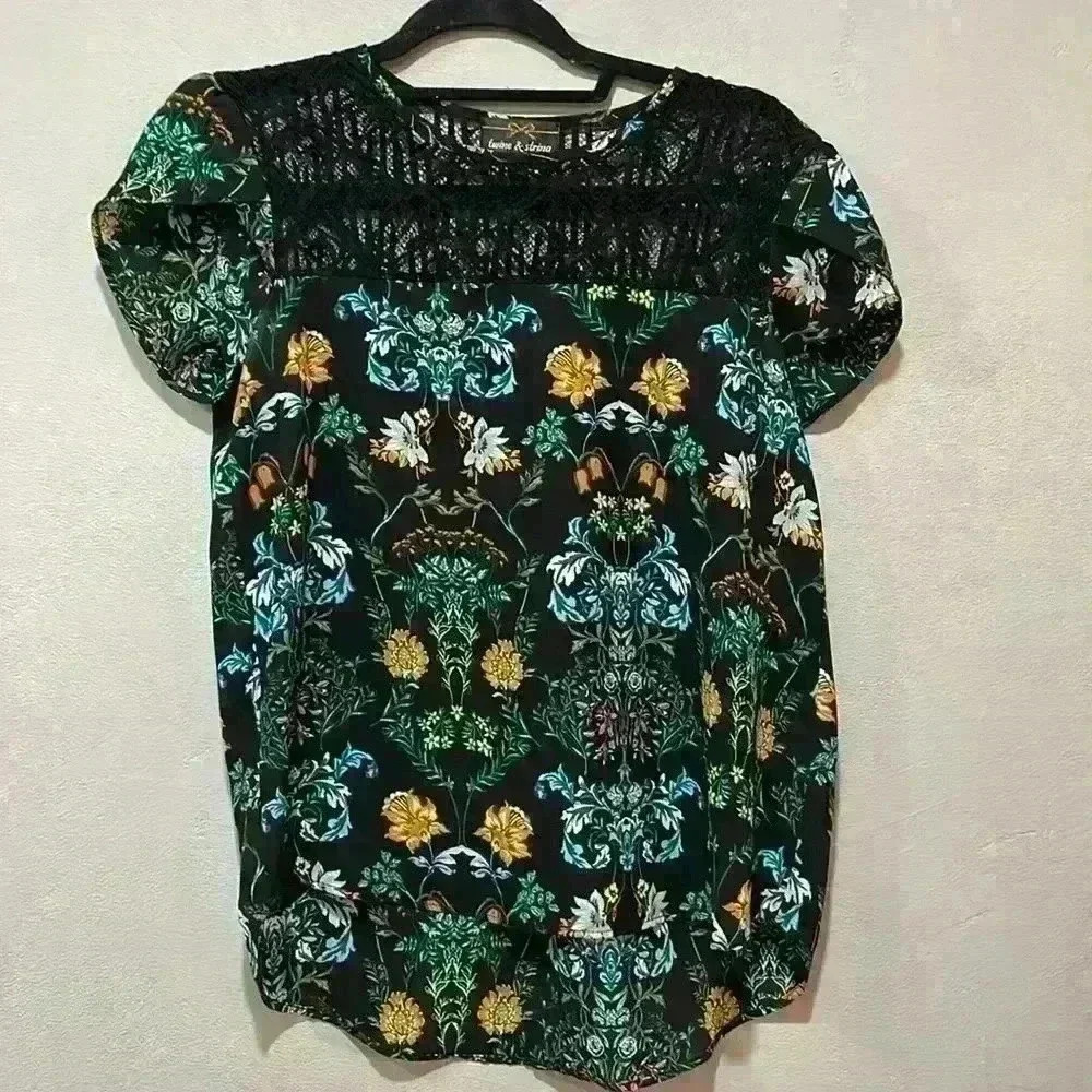 Twine & String floral black and orange short sleeve blouse shirt top size small